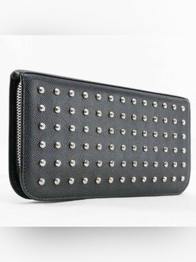 Authentic Saint Laurent Studded Zip Around Wallet Grain de Poudre Black Silver